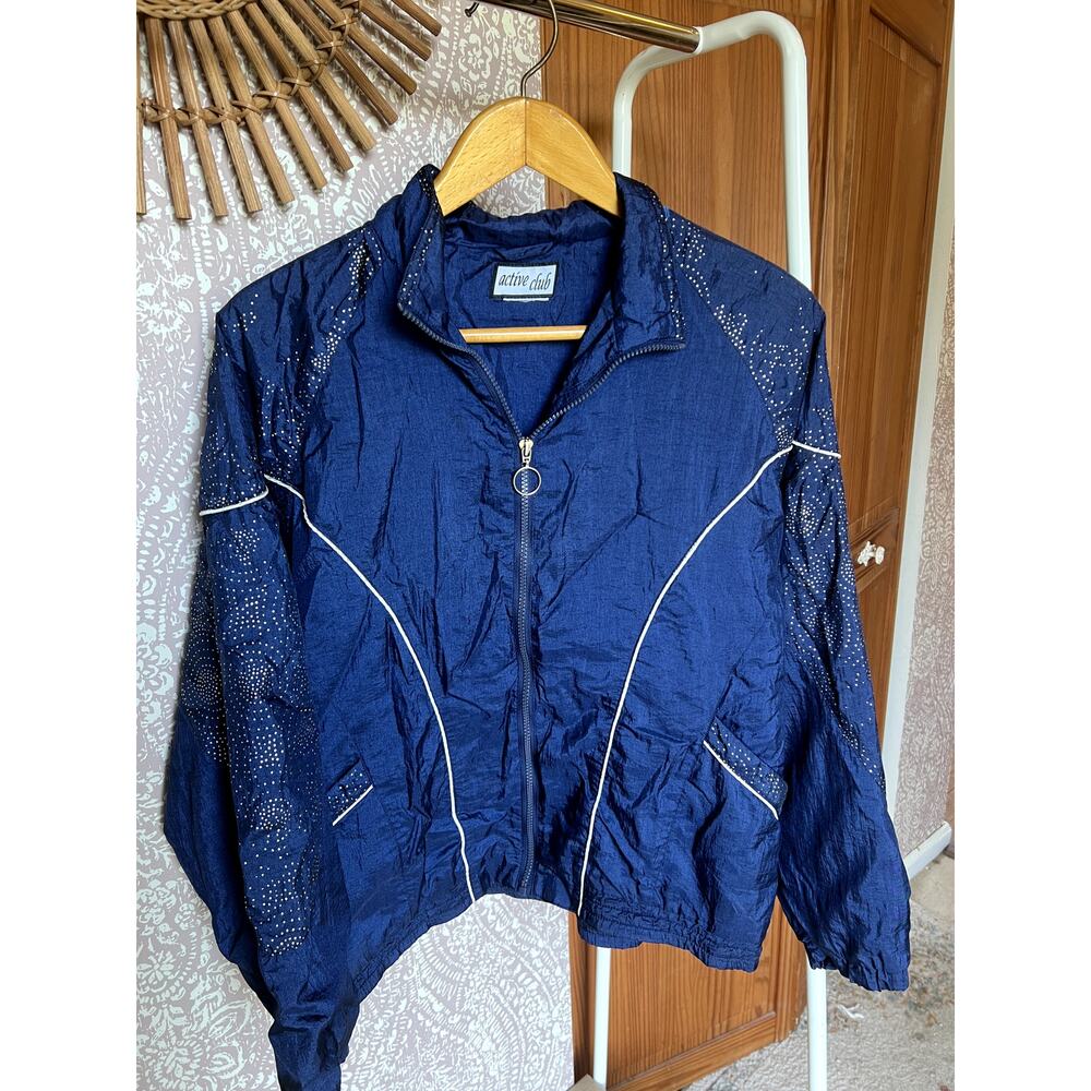 Vintage Active Club 80s 90s Blue Silver Metallic Retro Windbreaker‎ Jacket